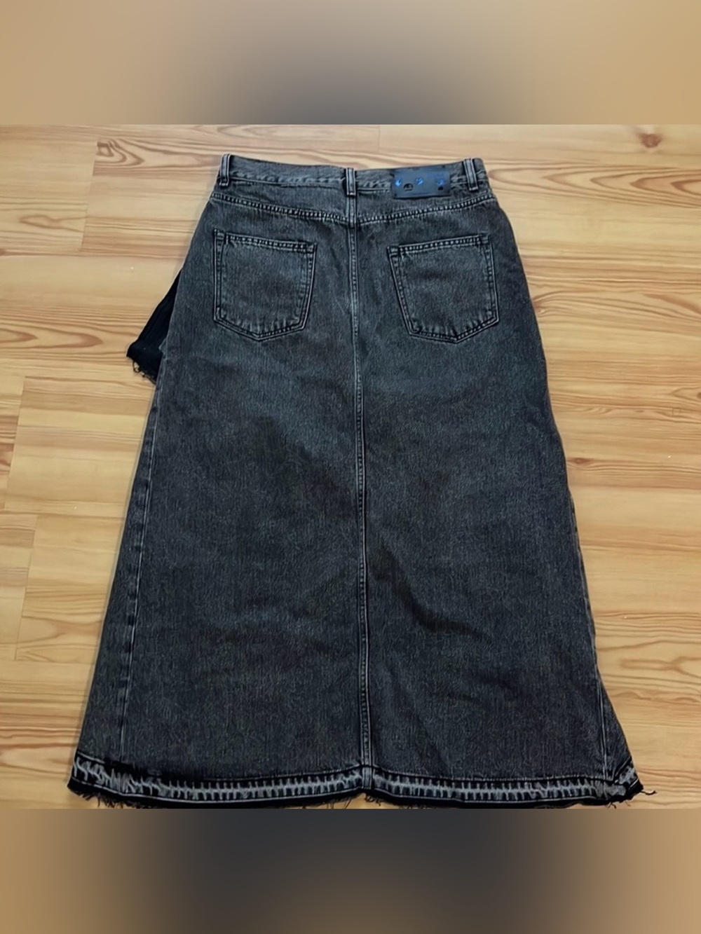 Off-White Denim Maxi Skirt asymmetrical hem condition black grey logo EUC - Picture 8 of 12